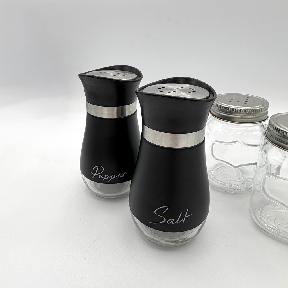 6pc Salt and Pepper Shaker Set Glass Mason Jar Modern Matte Black Farmhouse